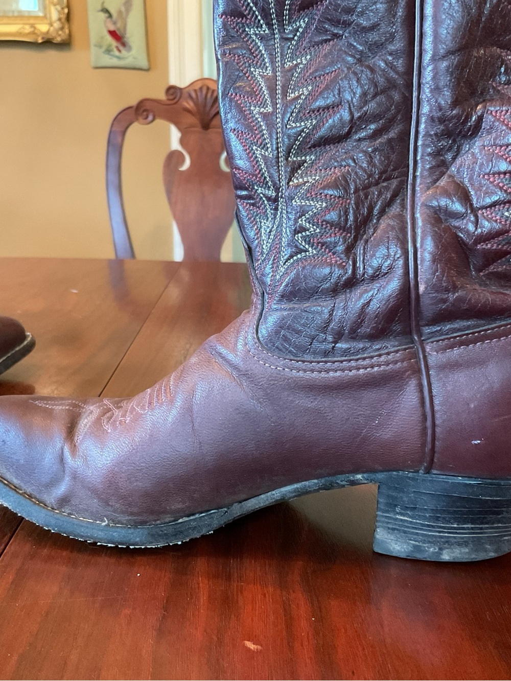Tony Lama Burgundy Leather Western Boots with Decorative Stitching - Picture 7 of 11